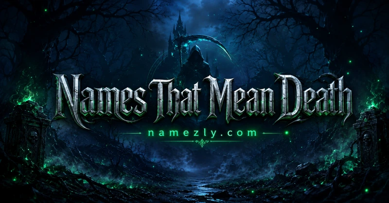 A dark fantasy banner with gothic typography displaying names that mean death for characters and gaming tags.