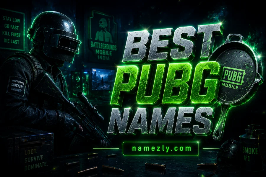 Best PUBG Names featured image with PUBG helmet, sniper rifle, gaming pan icon and neon gaming aesthetic.