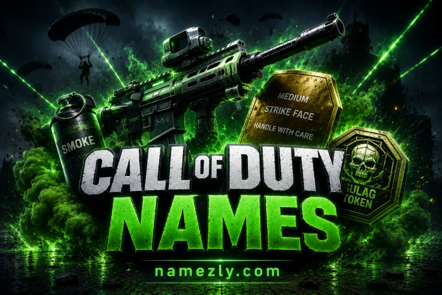 Call of Duty Names 2 Call of Duty Names featured image with tactical rifle, smoke grenade, armor plate and Warzone-inspired gaming theme