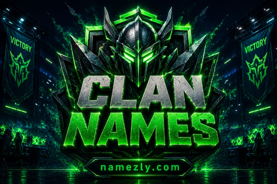 Clan Names featured image with futuristic warrior helmet, esports clan crest and neon gaming aesthetic.