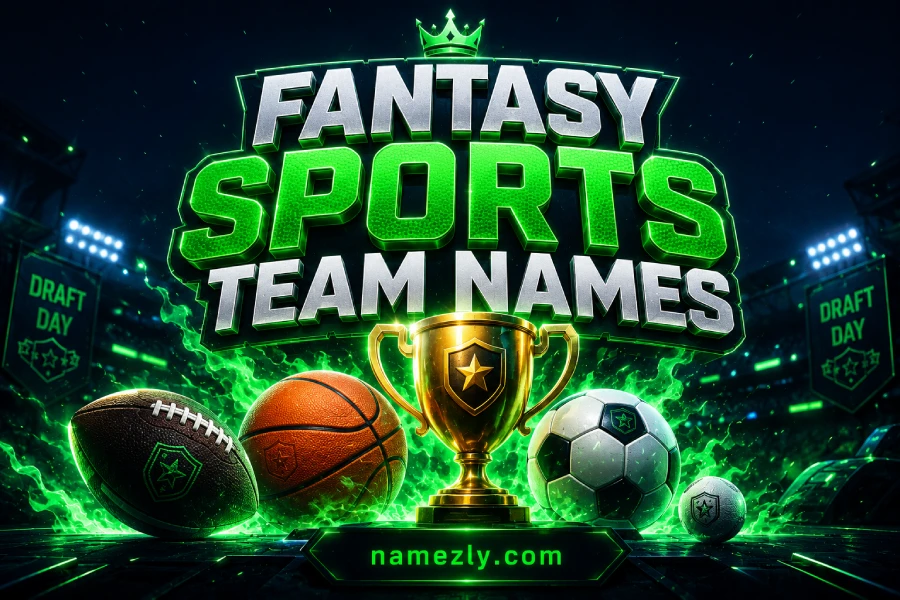Fantasy Sports Team Names featured image with football, basketball, soccer ball and championship trophy with neon sports theme.