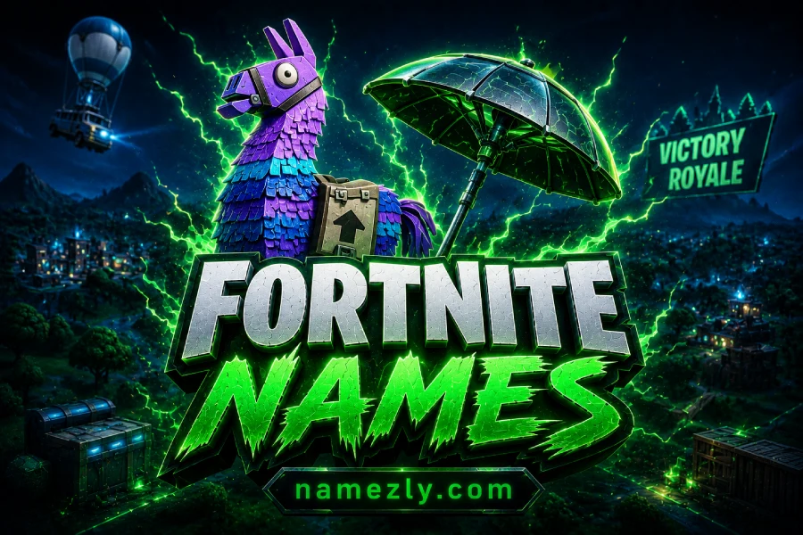 Fortnite Names featured image with loot llama, victory umbrella, neon lightning effects and gaming aesthetic.