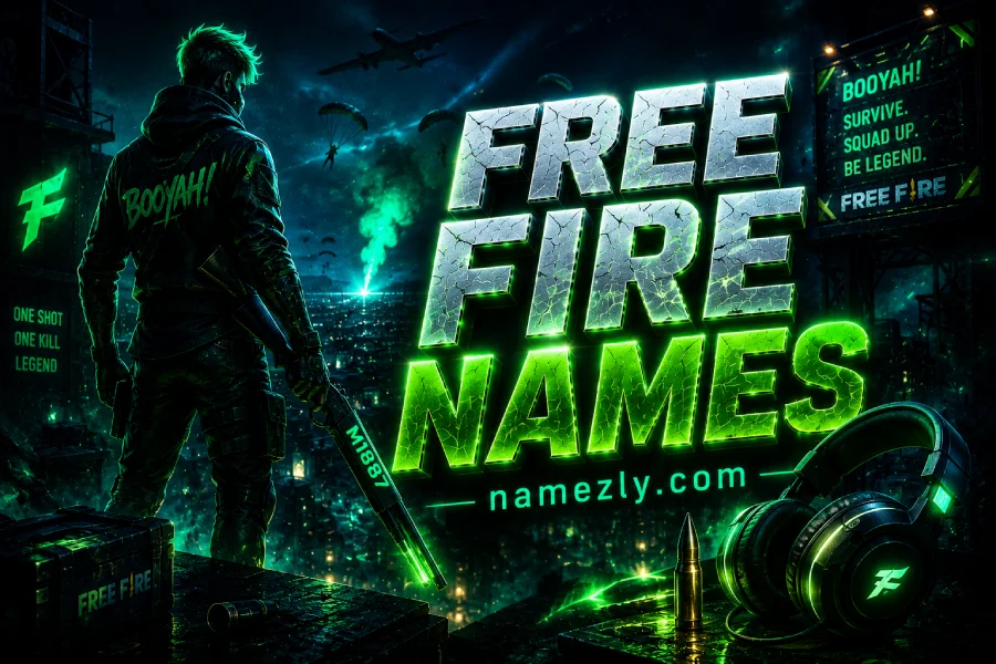 Free Fire Names featured image with gamer holding M1887 shotgun, gaming headset and neon battle royale aesthetic.