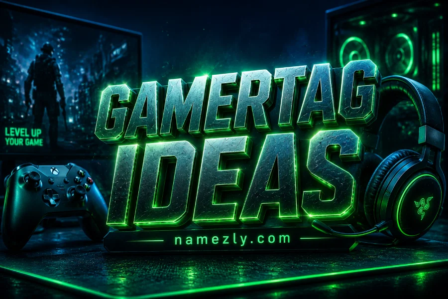 Gamertag Ideas featured image with Xbox controller, gaming headset and neon gaming setup aesthetic.