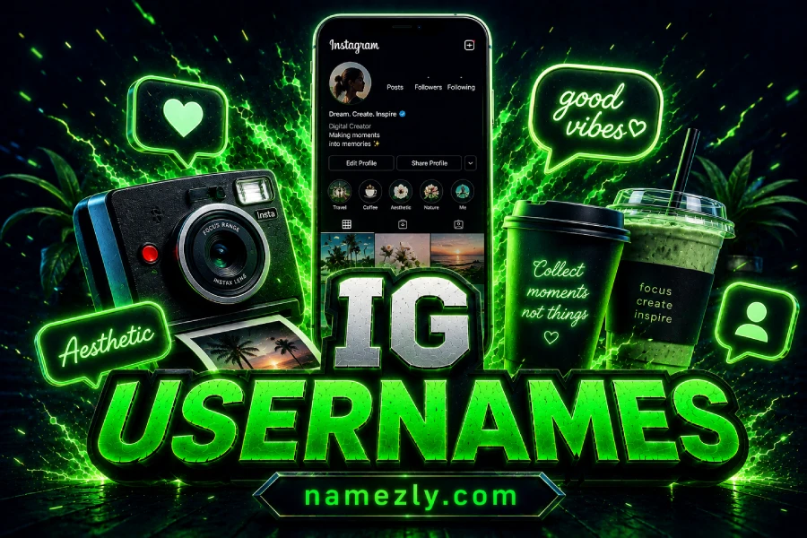 Instagram usernames featured image with Instagram profile, instant camera, coffee cups and aesthetic social media theme