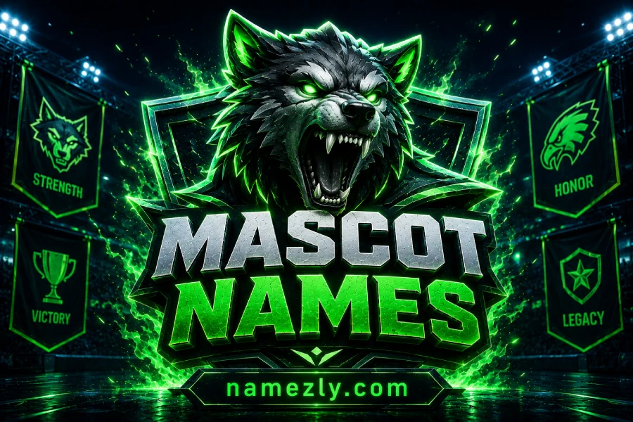 Mascot Names featured image with roaring wolf mascot, neon green energy effects and esports branding aesthetic.