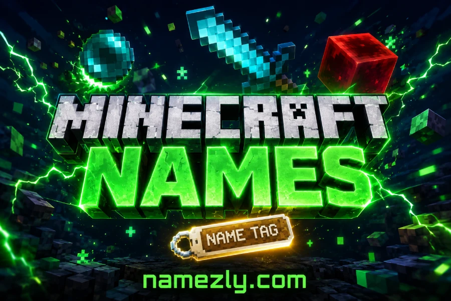 Minecraft Names featured image with a diamond sword, Ender Pearl, Redstone block, and glowing Name Tag on a dark blue background.