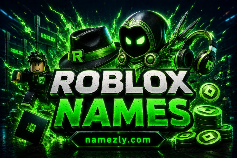 Roblox Names featured image with Roblox avatar, gaming headset, classic fedora and Robux-inspired coins