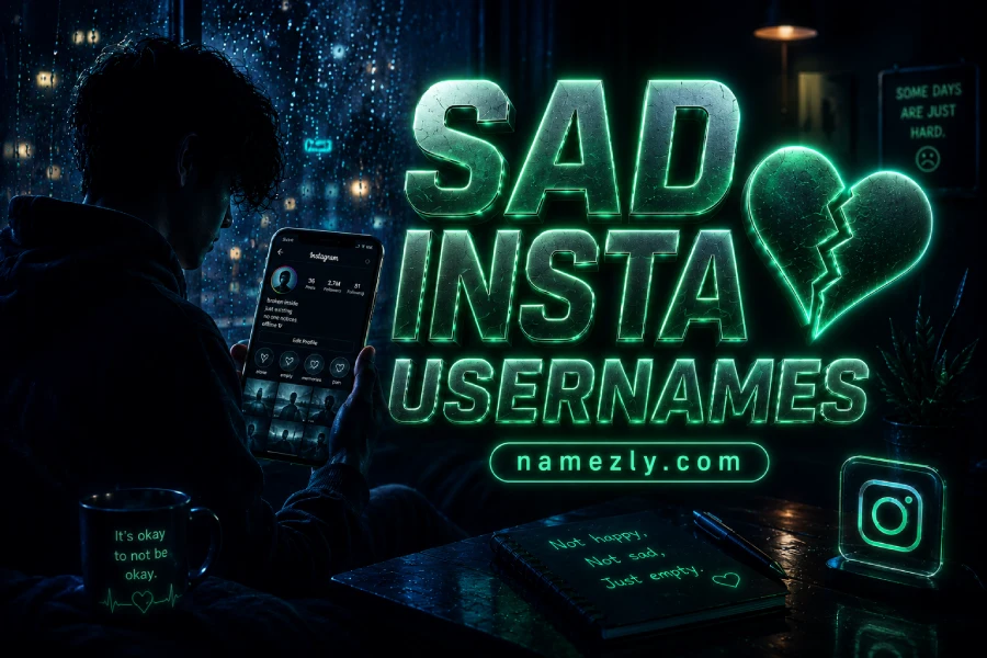 Sad Instagram Usernames featured image with neon broken heart, Instagram profile silhouette and moody aesthetic design.