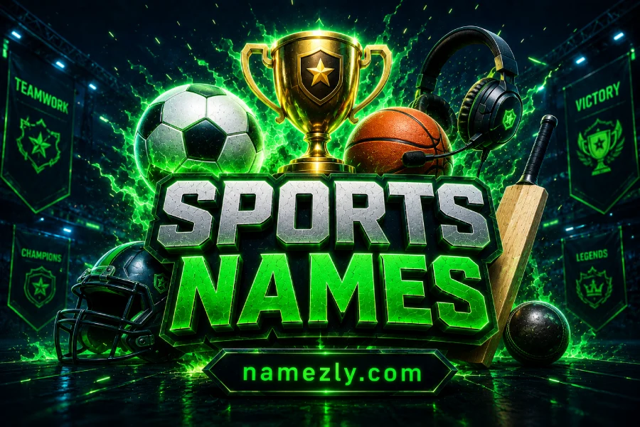 Sports Names featured image with football helmet, soccer ball, basketball, cricket bat, trophy and esports gaming aesthetic.