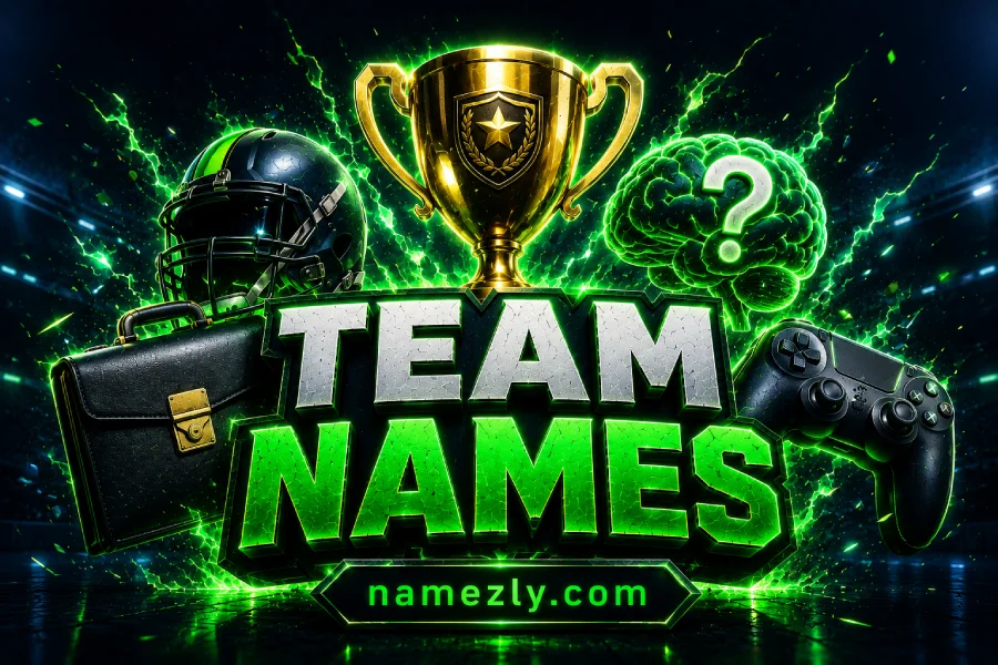 Team Names featured image with football helmet, gaming controller, trophy, briefcase and glowing team theme elements.