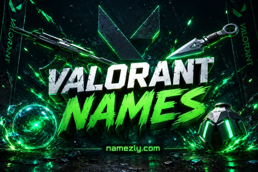 Valorant Names featured image with a Vandal rifle, Jett kunai, Sage healing orb, and Spike core on a dark blue gaming background.