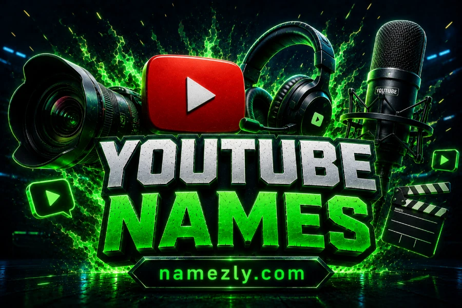 YouTube Names featured image with camera lens, microphone, headset and creator studio theme